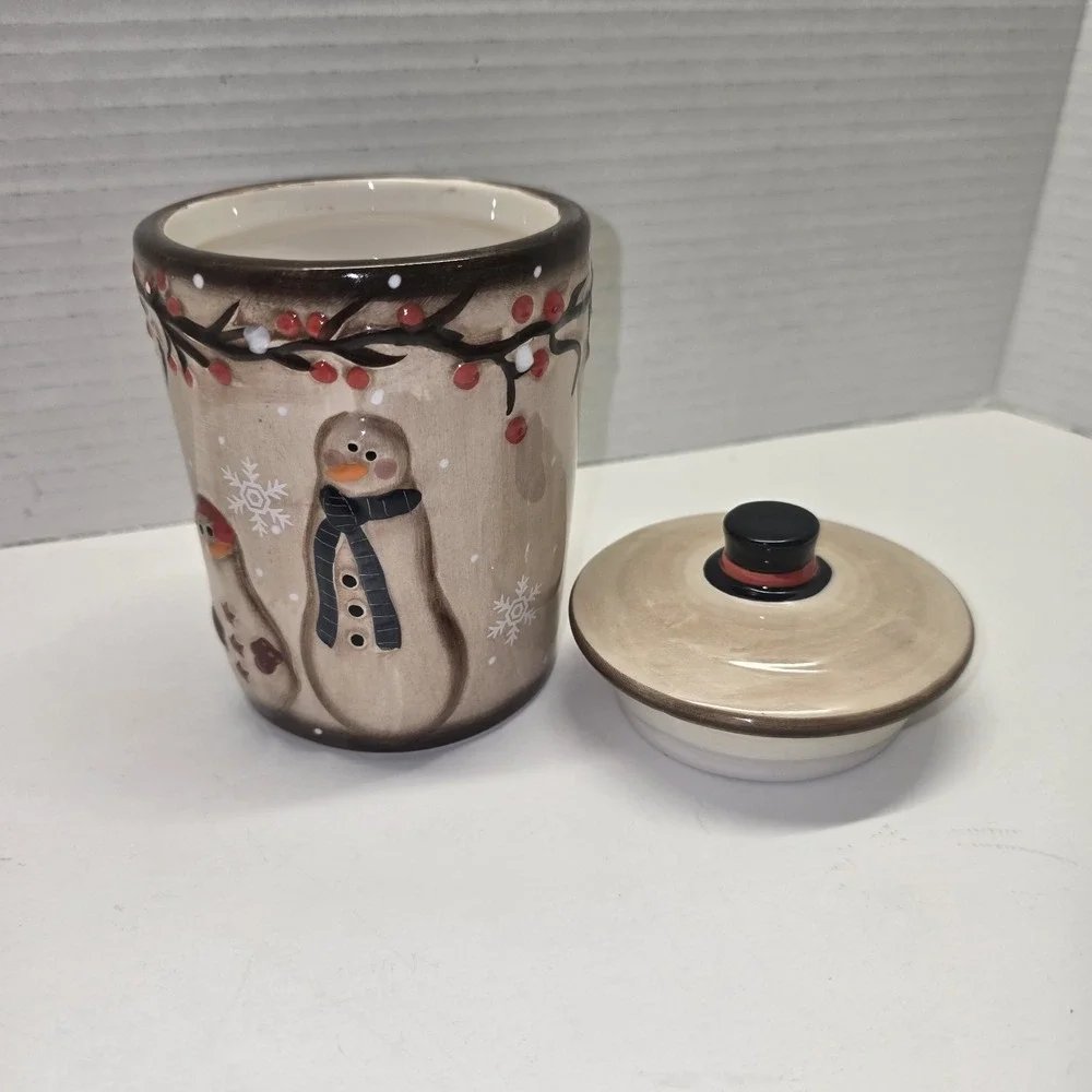 LTD Commodities Snowmen with Holly Lidded Canister Small Brown Seasonal‎ Cute